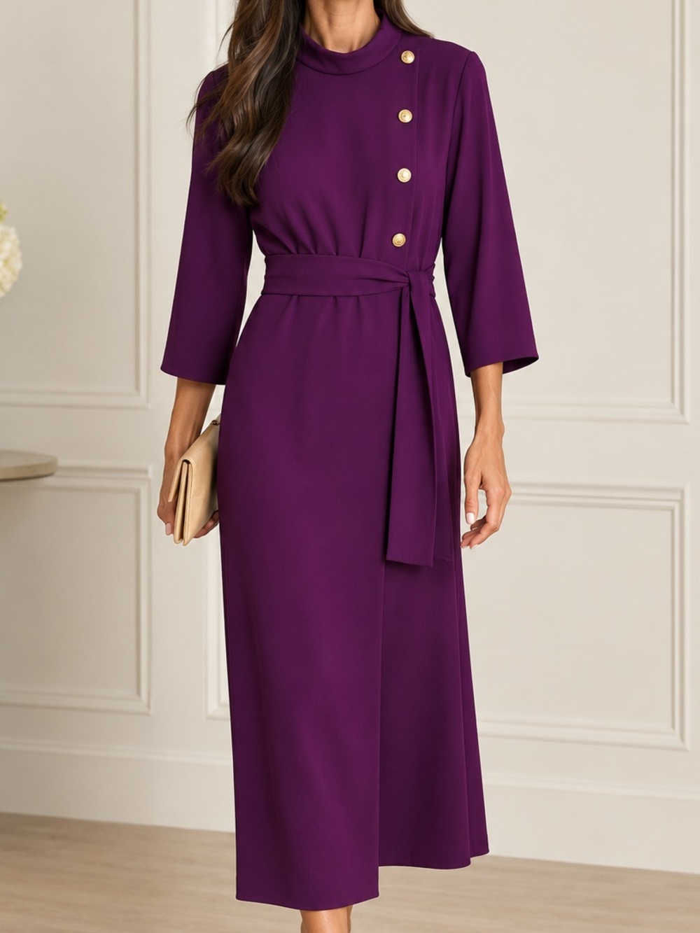 Zara Purple Midi Dress with Gold Button Detail
